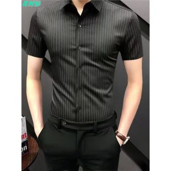 花襯衫高階條紋短袖寸衫男夏季高階冰絲商務襯衣修身半袖免燙上衣