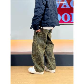 SWAG美式復古豹紋闊腿休閑工裝長褲男水洗做舊vintage寬松牛仔褲