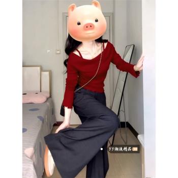 紅色一字肩假兩件吊帶上衣女早春新年穿搭衣服毛衣外穿針織衫春裝