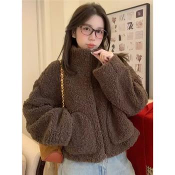 美拉德復古咖色仿羊羔毛外套女春秋2025韓版小個子搖粒絨短款上衣