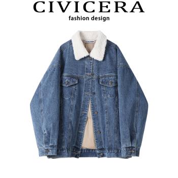 CIVICERA羊羔毛領牛仔羽絨服女冬季外套復古港味寬松加厚羽絨夾克