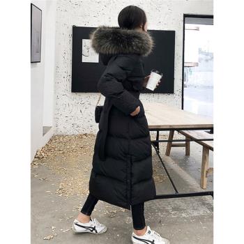 Ethmmia冬季加厚保暖大毛領白鴨絨羽絨服女長款過膝黑色外套通勤