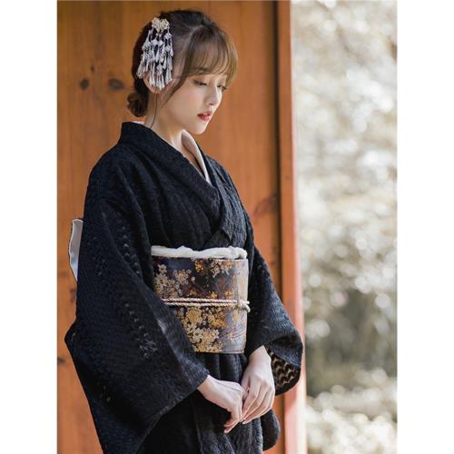 山鳥和色日式和風浴衣復古連衣裙改良和服攝影旅拍寫真黑色蕾絲|洋裝 