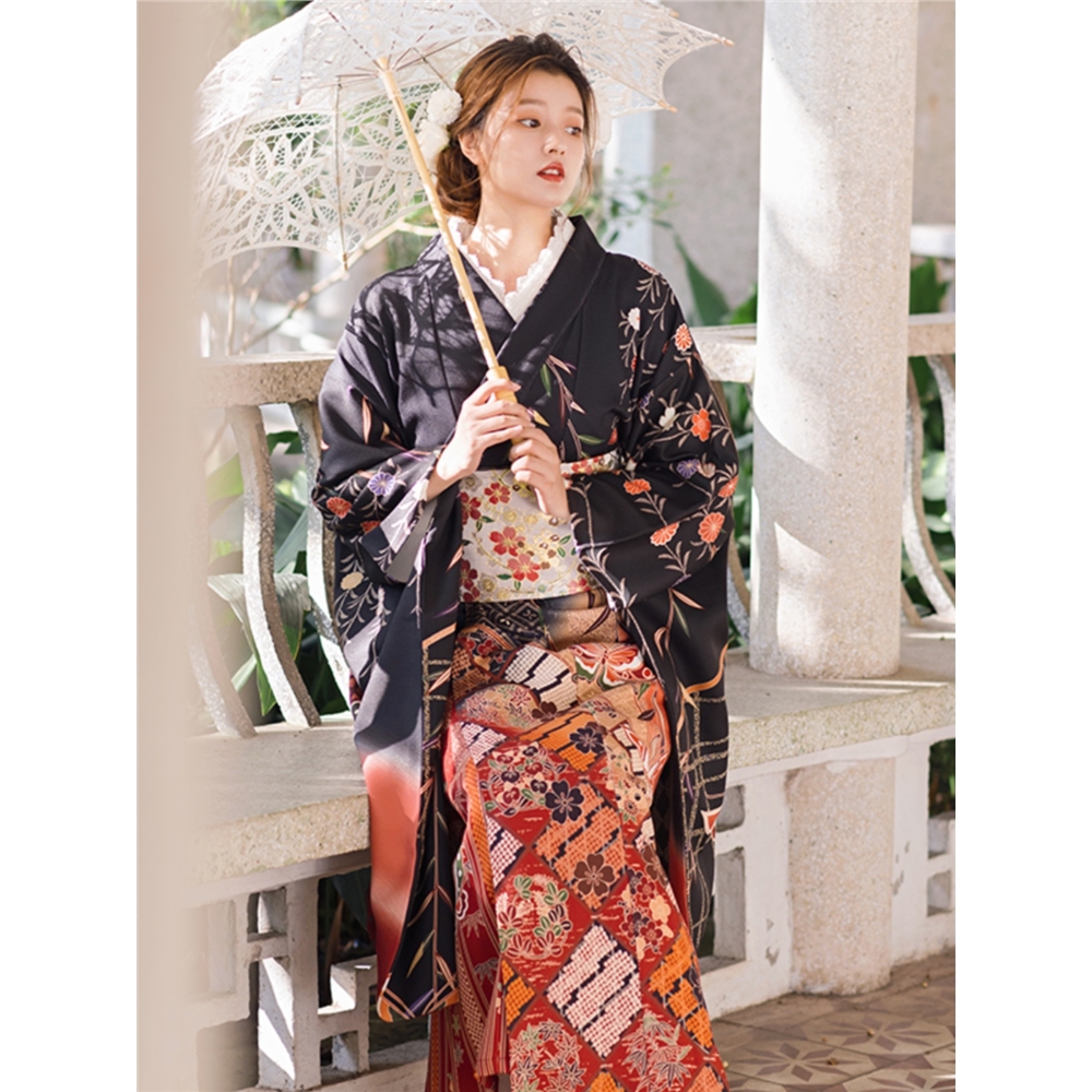 山鳥和色日式和服復古華麗小振袖改良和服攝影旅拍寫真黑色蝴蝶|洋裝 