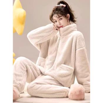 小香風女珊瑚絨加厚保暖純色套裝秋冬法蘭絨睡衣可外穿家居服上衣