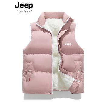 JEEP spirit女裝冬季羽絨棉馬甲加絨加厚情侶坎肩無袖外套麵包服