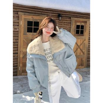 淺藍色大毛領pu皮衣羽絨服2025新款女冬小個子羊羔毛絨工裝厚外套