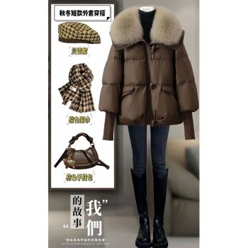美拉德穿搭大毛領棉服女士秋冬韓版中長款牛角扣加厚保暖棉衣外套