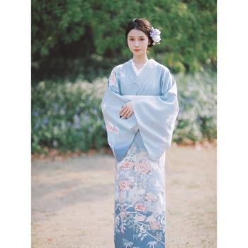山鳥和色日式和風復古連衣裙莫蘭迪色系霧藍色改良和服 無盡夏