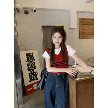 辣妹V領學院風美式疊穿針織馬甲