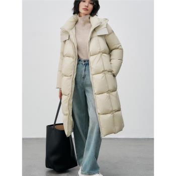 白色90鴨絨長款羽絨服女冬季2024新款寬松加厚麵包服連帽大衣外套