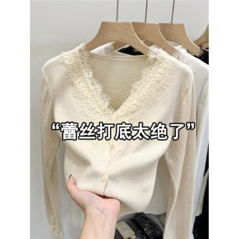 蕾絲V領打底衫女2025夏季新款法式設計感內搭毛衣短款針織衫上衣