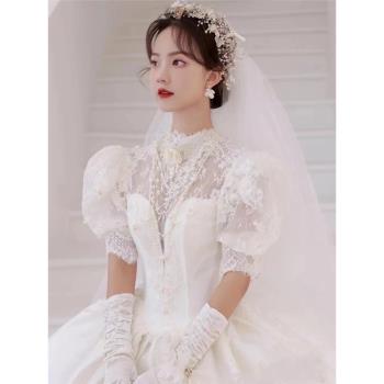 緞面輕婚紗2024新款新娘法式齊地高階感復古出門紗長拖尾春季主紗