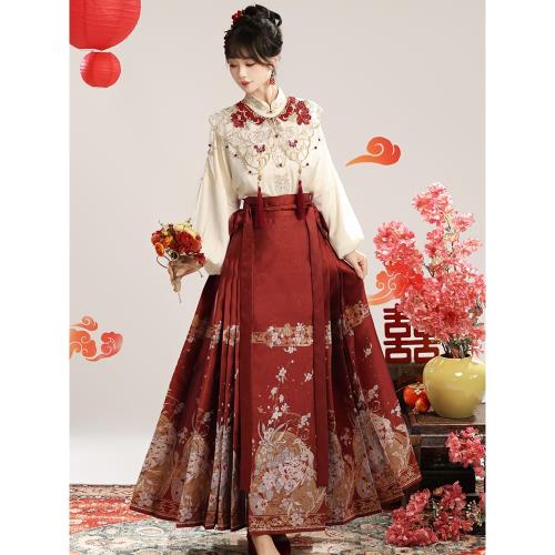 鳳鳴曲明制漢服女原創新中式重工紅色馬面裙套裝云肩敬酒訂婚服春|漢服