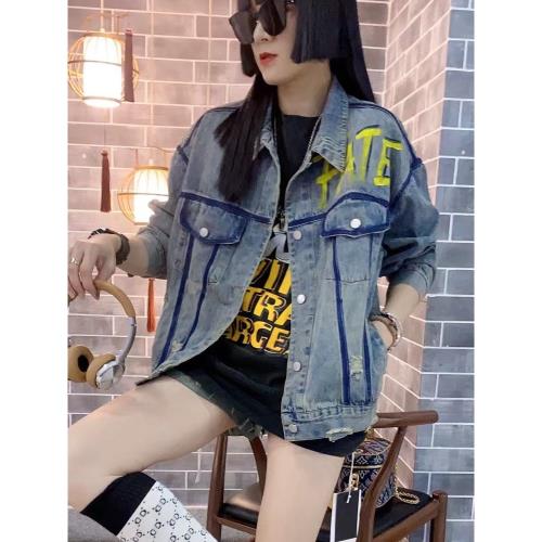 歐貨2025牛仔外套女士秋裝新款時尚洋氣復古寬松短款印花破洞上衣