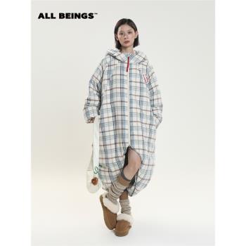 ALLBEINGS 24AW秋冬新款設計感藍白格紋包裹感繭型羽絨大衣長款女