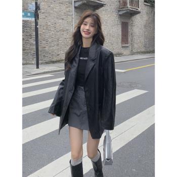 黑色皮衣外套女春秋2025新款港風復古pu皮西服氣質高階感廓形西裝