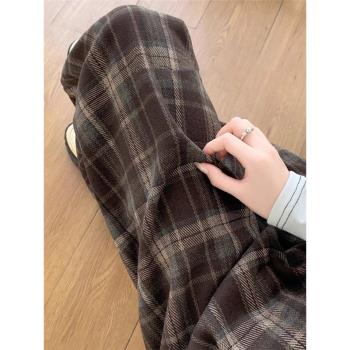 復古格子闊腿褲女春夏小個子穿搭高腰磨毛加厚加絨拖地垂感直筒褲