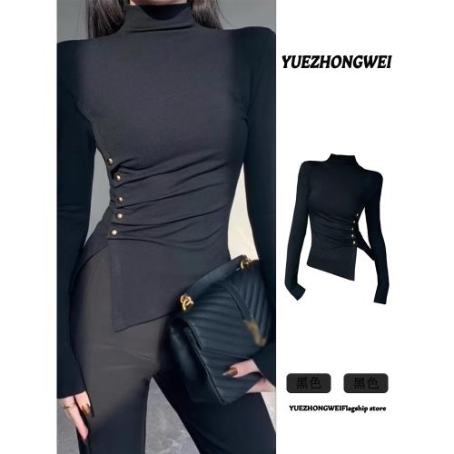 黑色不規則半高領針織打底衫女秋冬季修身內搭可外穿開叉長袖上衣