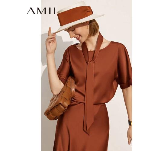 Amii極簡高階時尚仿醋酸緞面套裝女2025夏季新款綁帶雪紡衫半身裙