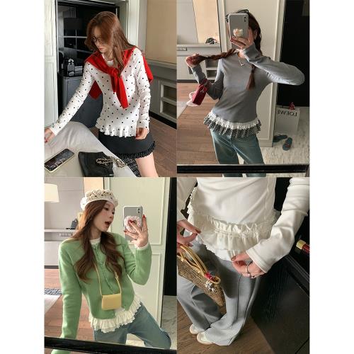 【現貨】im向  圓領荷葉邊拼接下擺長袖打底上衣女春軟糯時髦T恤