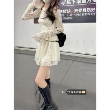 收腰白色蕾絲長袖連衣裙女春季晚會禮服搭配大衣內搭蓬蓬a字短裙