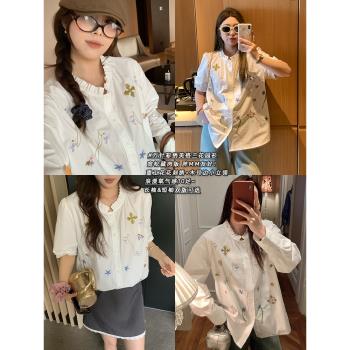NAZ那子大碼 純棉撞色刺繡早春彩色花邊襯衫胖mm洋氣設計感上衣女