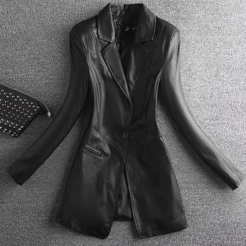 韓國皮衣女士2025春秋修身小西裝外套收腰薄款中長款西服真皮夾克