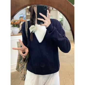 洋氣獨特別致運動毛衣寬松假兩件針織打底衫女2025秋冬季內搭上衣