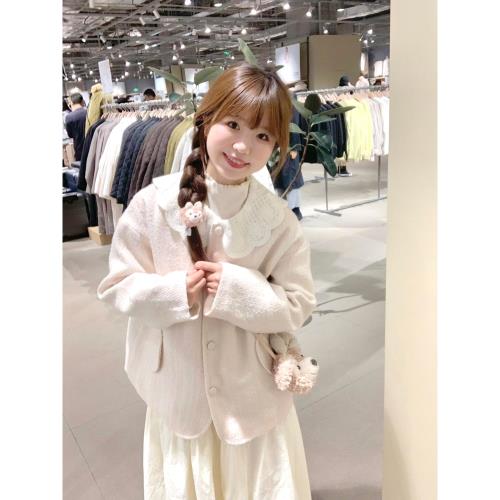 花邊娃娃領雪尼爾夾棉外套女2024冬季新款溫柔風氣質寬松保暖上衣