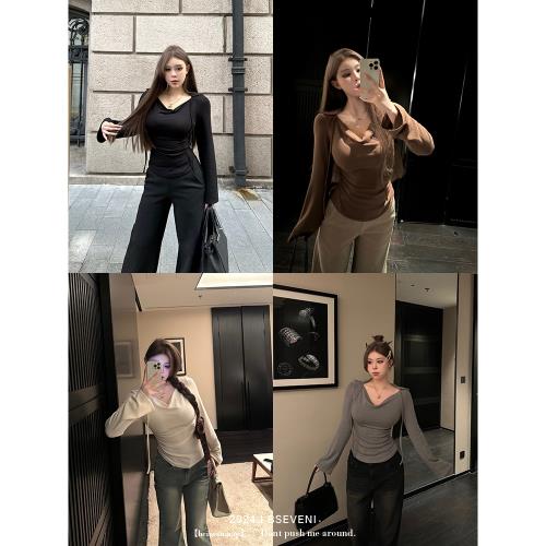 黑澤玄七微胖mm2025春季新款內搭打底衫蕩領性感顯瘦長袖上衣女