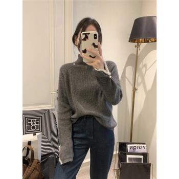 毛衣女款2024新款冬季女裝時尚半高領珍珠蕾絲拼接打底針織衫上衣