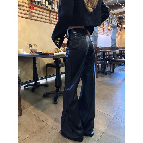地球店黑色美式辣妹PU皮褲女秋冬新款低腰休閑闊腿喇叭褲微喇褲子