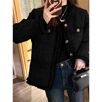 小香風加厚黑色粗花呢羽絨服外套