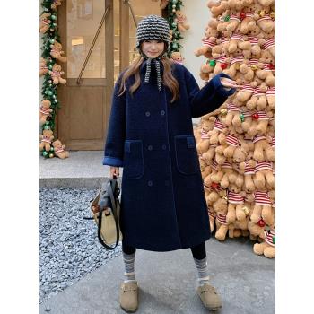 藏青色雙排扣羊羔毛外套女冬季2025韓系慵懶風中長款皮毛一體棉服