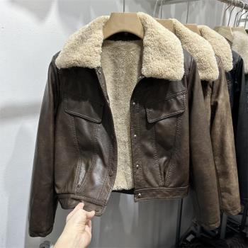 韓國加絨皮衣外套女羊羔毛領派克服2025冬季新款真皮夾克短款上衣