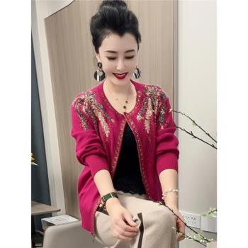 時尚媽媽民族風春秋新款針織開衫重工鑲鉆刺繡長袖拉鏈短款上衣女