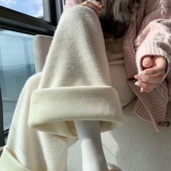 加絨加厚白色闊腿褲女秋冬新款高腰垂感寬松保暖褲拖地褲休閑褲子