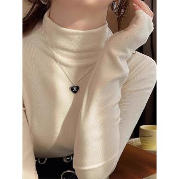 雙面德絨半高領打底衫女小香風內搭秋冬長袖白色加絨加厚保暖上衣