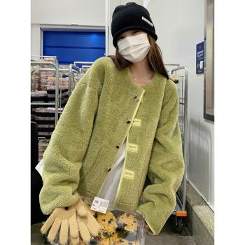 皮毛一體綠色羊羔毛外套女2025冬設計感小眾兩面穿毛絨絨加厚棉衣