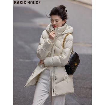 Basic House/百家好極簡白連帽中長款加厚保暖白鴨絨羽絨服外套