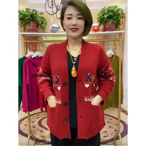 春秋新款針織開衫女年輕媽媽v領小披肩提花小鹿毛衣外套寬松上衣