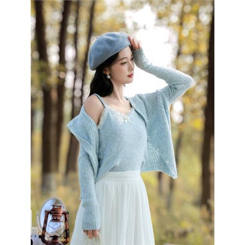 白漉 甜美蝴蝶結吊帶針織開衫兩件套女2025春季新款百搭休閑套裝