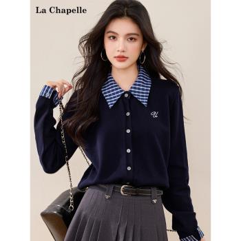 拉夏貝爾/La Chapelle春季新款翻領格子假兩件針織衫休閑寬松上衣