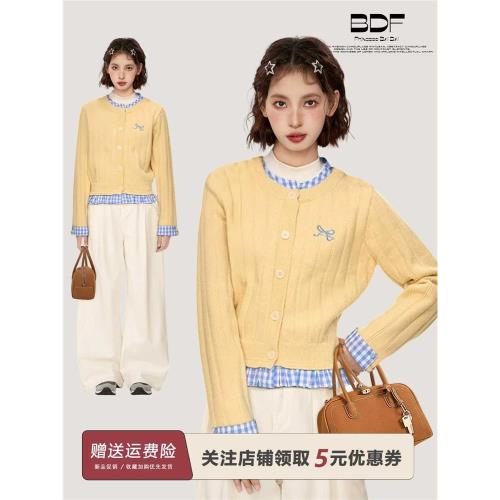 鵝黃色假兩件毛衣針織衫女秋冬冬季短款加厚格子拼接開衫上衣外套