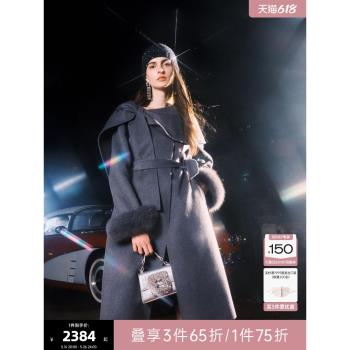 可可尼COCOON2024冬季新款羊毛雙面呢灰色大衣圍脖披肩毛呢外套女