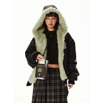 EZEK美式復古座山雕高階感毛茸茸連帽外套女冬季新款寬松加厚棉服