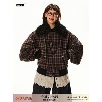 EZEK美式復古高級感格子加厚外套女冬季新款羊羔絨拼接翻領夾克潮