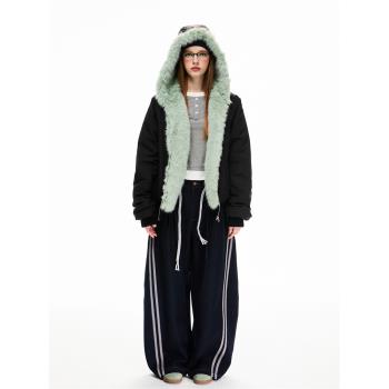EZEK美式復古座山雕毛茸茸加厚外套女寬松加絨保暖派克服棉服上衣