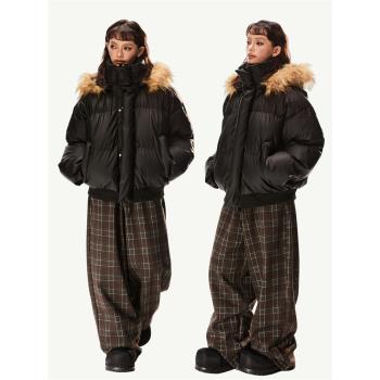 EZEK美式復古黑色高領毛領連帽棉衣棉服女冬季新款保暖麵包服外套
